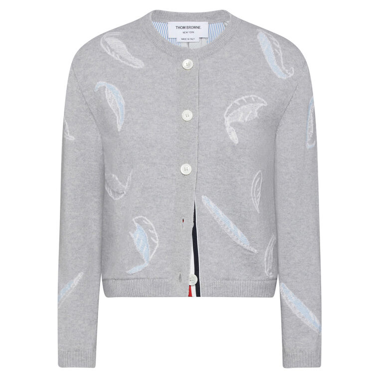 Feather Intarsia Printed Silk Twill Crew Neck Cardigan image number null