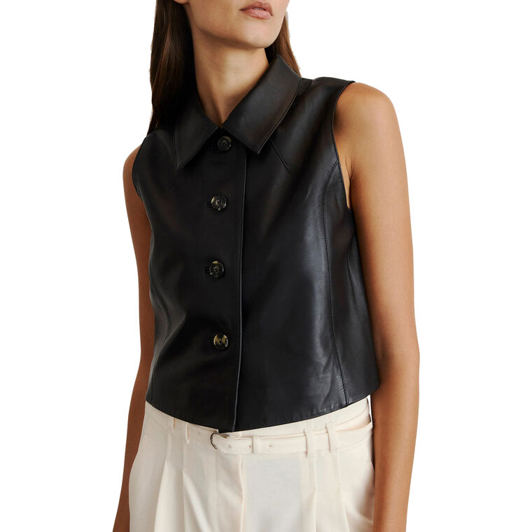 Parton Sleeveless Cropped Collared Leather Top image number null