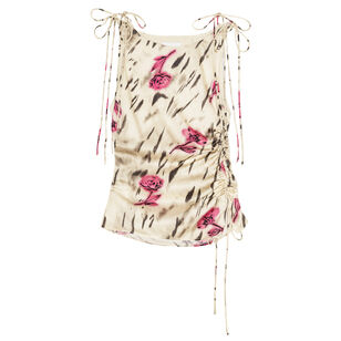 Printed Floral Stretch Satin Ruched Sleeveless Top