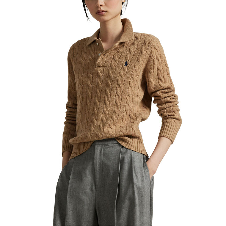 Collared Cable-Knit Wool-Cashmere Polo Sweater image number null