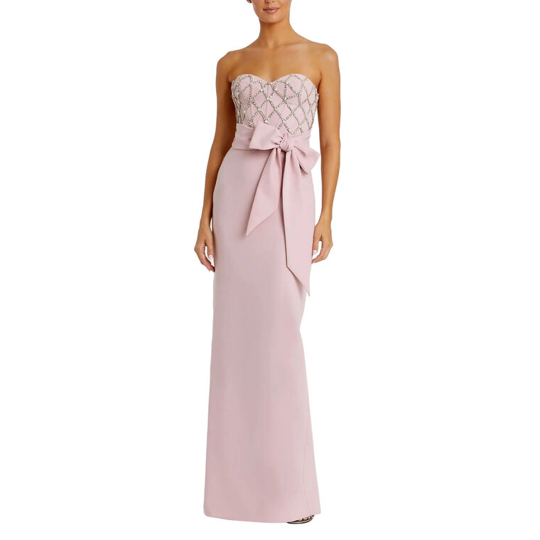 Strapless Embellished Crepe Gown With Bow image number null