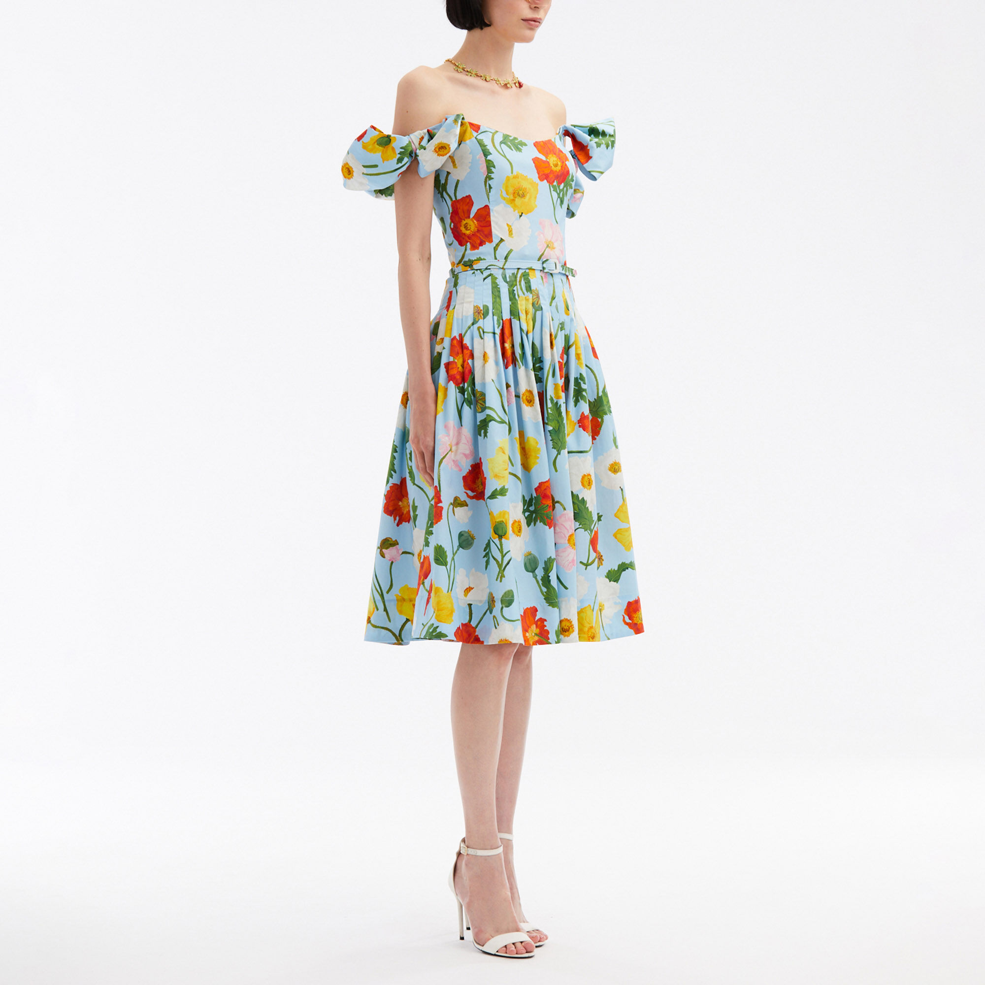 Poppy Print Belted Off the Shoulder Bow Detail Dress