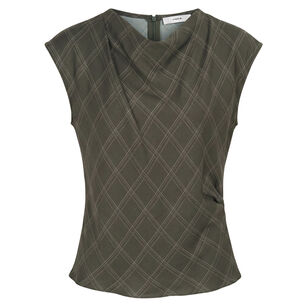 Diamond Plaid Silk Draped Cowl-Neck Top