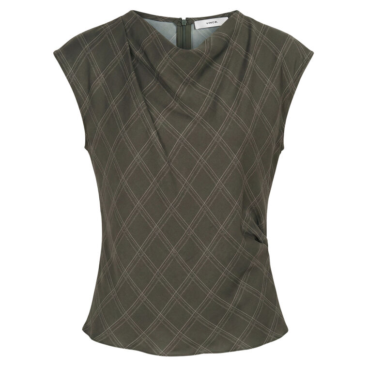 Diamond Plaid Silk Draped Cowl-Neck Top image number null