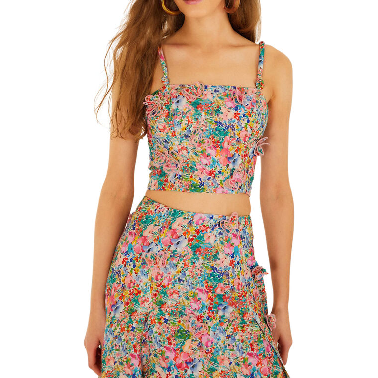 Floral Butterflies Sleeveless Cropped Linen Top image number null