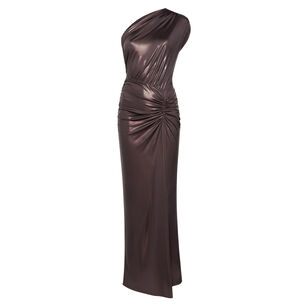Coated Jersey One Shoulder Ruched Maxi Dress