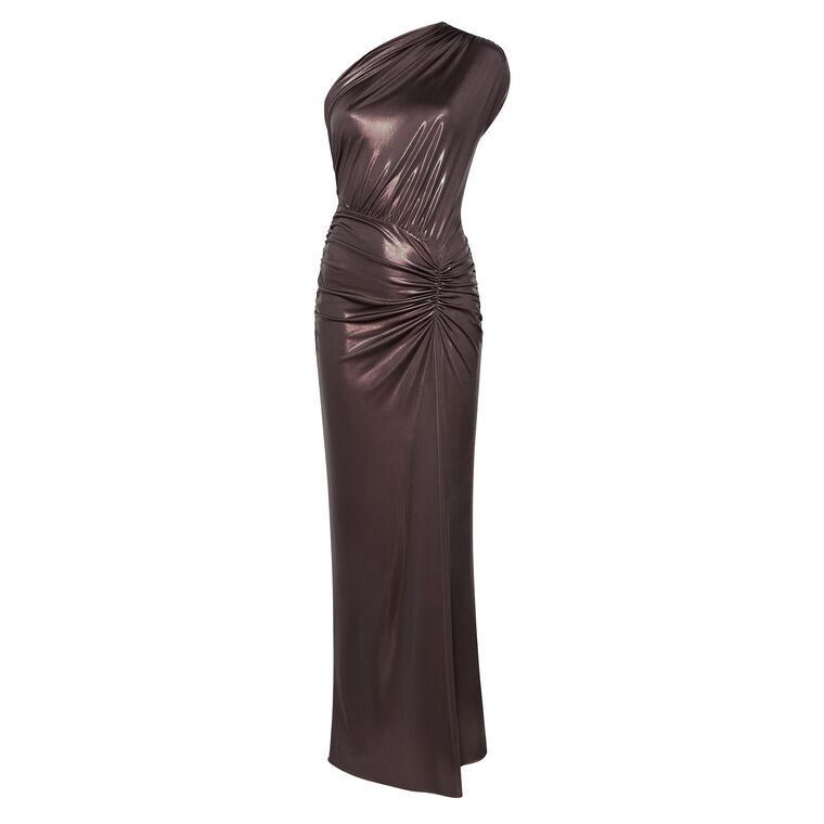 Coated Jersey One Shoulder Ruched Maxi Dress image number null
