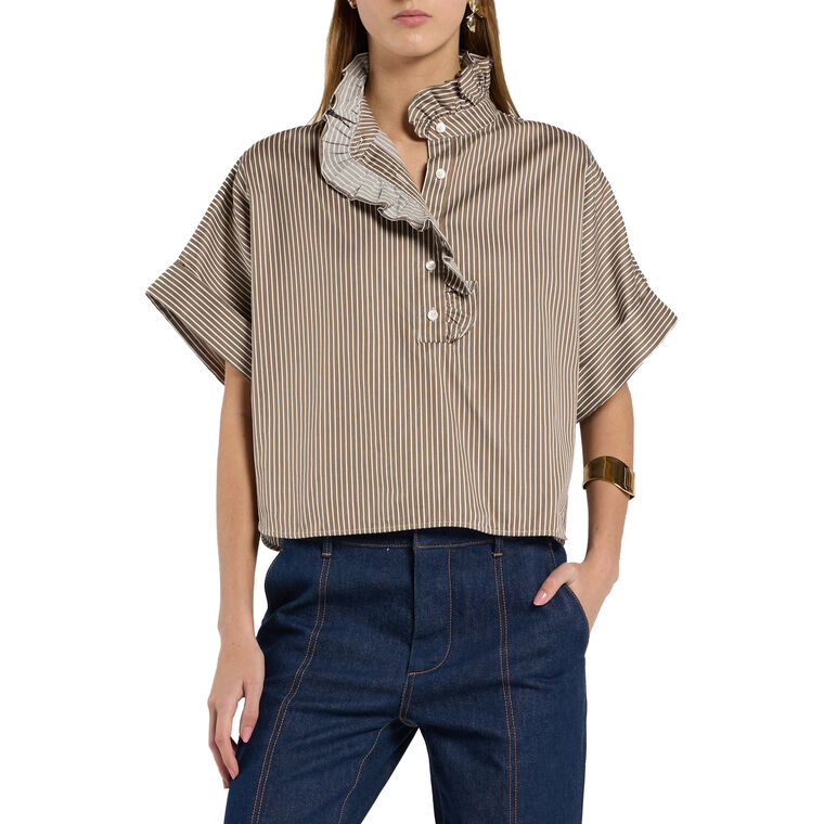 Mabel Short Sleeve Ruffle Neck Stripe Top image number null