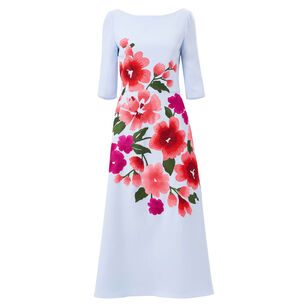 Floral-Embroidered Boat Neck Elbow Sleeve Midi Dress