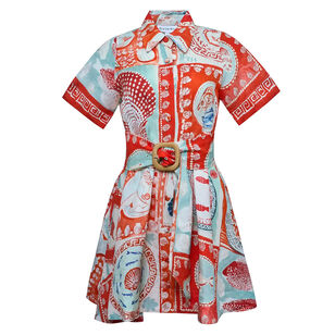 Liza Short Sleeve Costal Print Belted Mini Dress