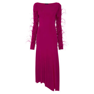 Viscose Boatneck Dress With Feathers