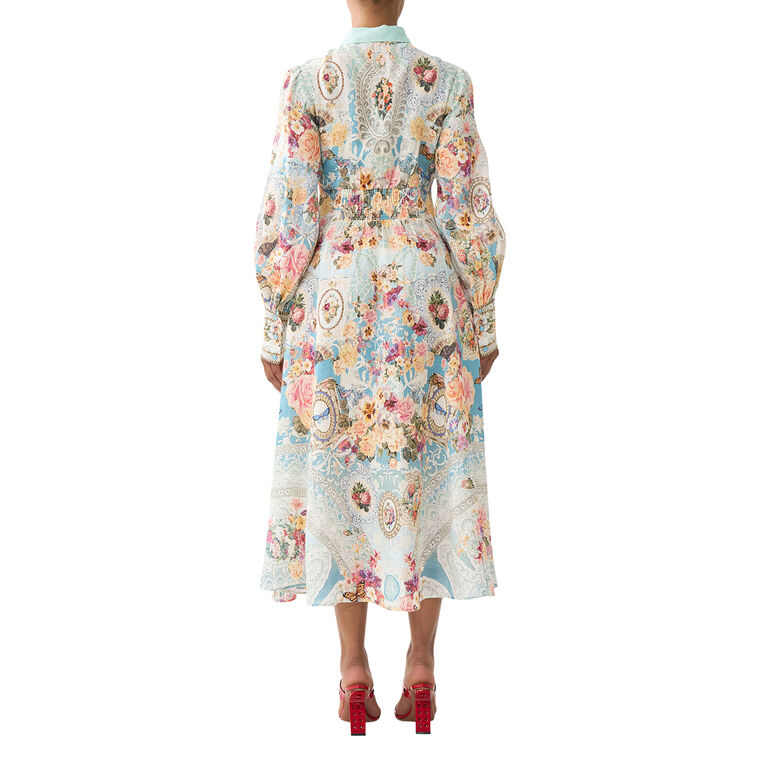 Long Sleeve Waist Tie Midi Shirt Dress image number null