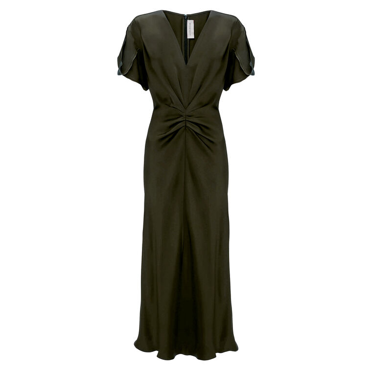 Gathered V-Neck Bella Short Sleeve Midi Dress image number null