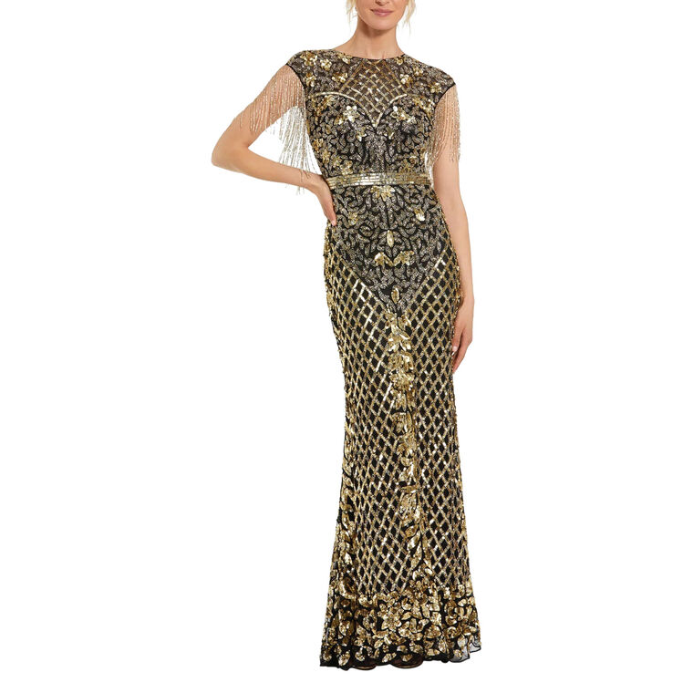 High Neck Sleeveless Beaded Fringe Fitted Gown image number null
