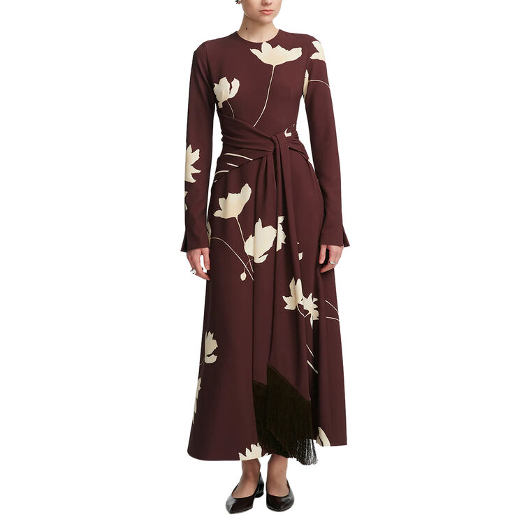Floral Printed Crepe Long Sleeve Tie Waist Dress image number null
