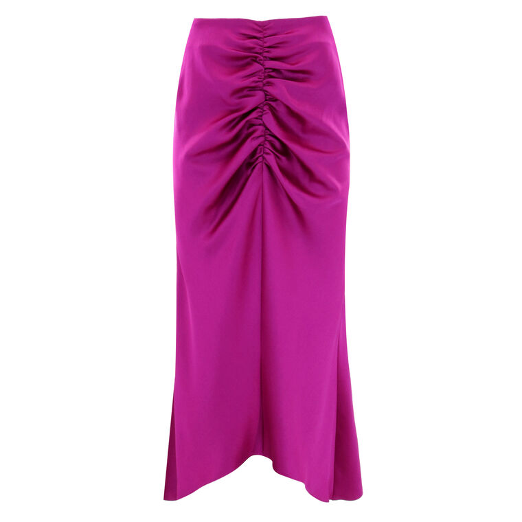Aspen Satin Ruched Front High-Low Midi Skirt image number null