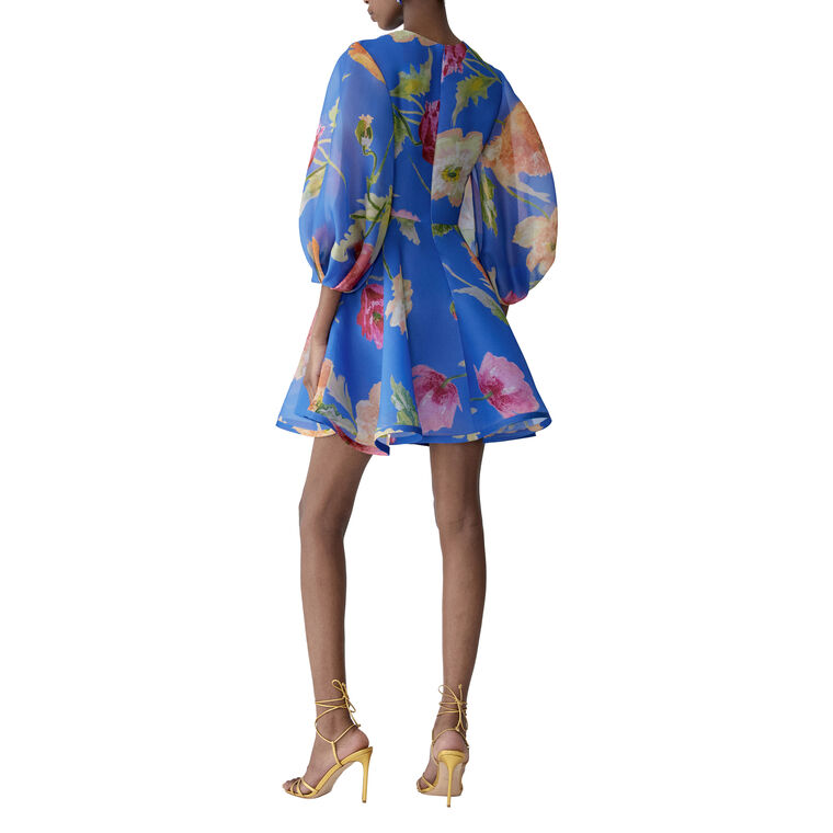 Puff Sleeve Crewneck Mini Dress With Flower Print image number null