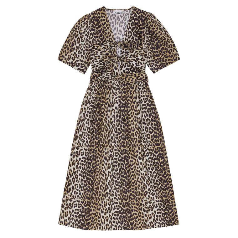 Leopard Printed Cotton Tie Strap Midi Dress image number null