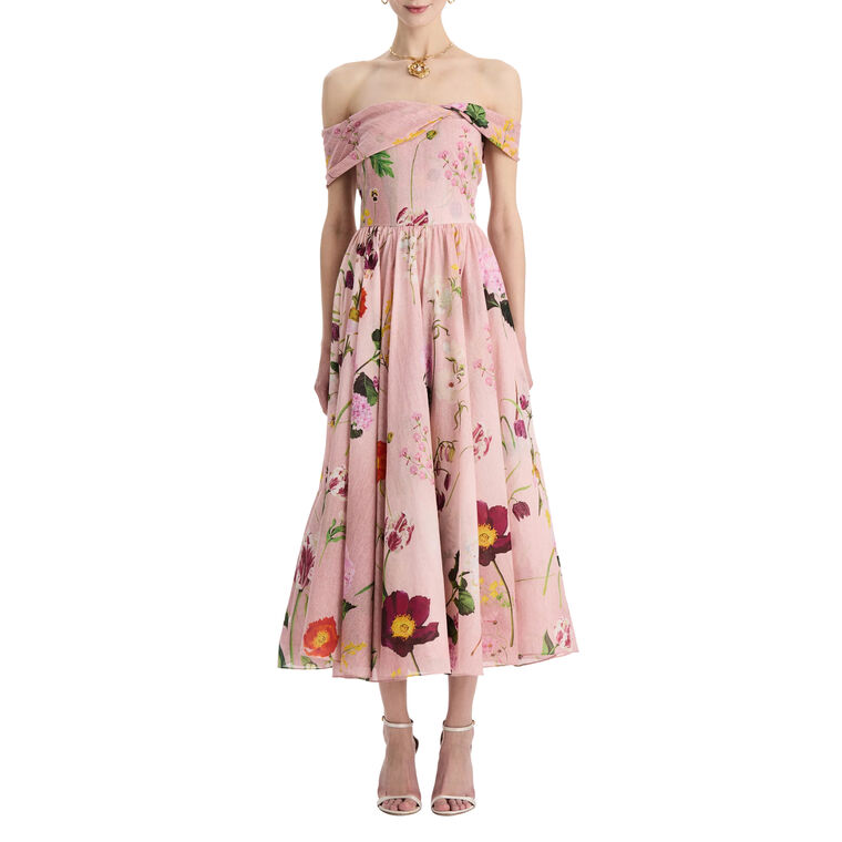 Mixed Botanical Off-Shoulder Midi Dress image number null