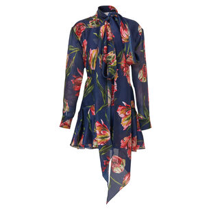 Tulip-Print Long Sleeve Mini Dress With Ruffle Hem And Bow Detail