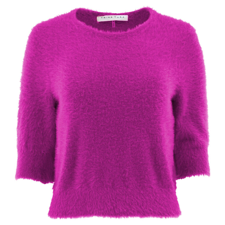 Maliah Fuzzy Knit Round Neck Elbow Sleeve Top image number null