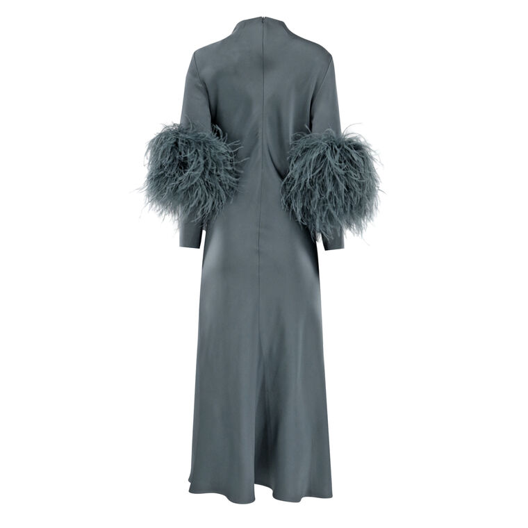 Satin Draped Neck Bias Dress With Feathers image number null