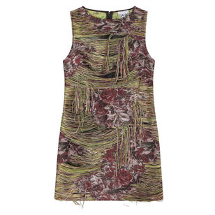 Sleeveless Fringed Tapestry Organza Mini Dress