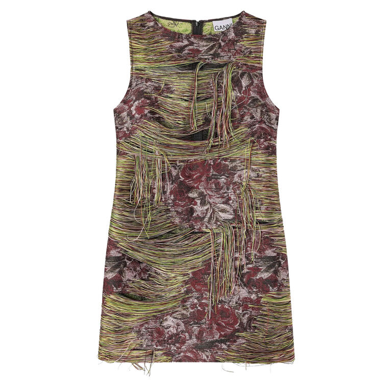 Sleeveless Fringed Tapestry Organza Mini Dress image number null