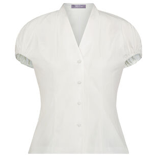 Cotton Poplin Button Front Short Sleeve V-Neck Blouse