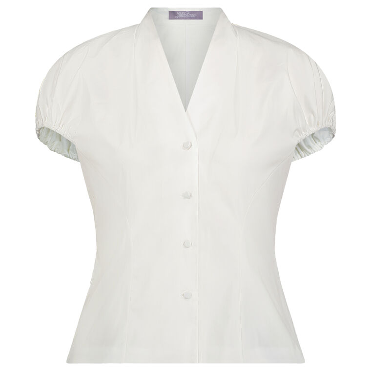 Cotton Poplin Button Front Short Sleeve V-Neck Blouse image number null