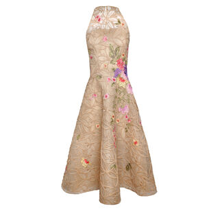 Sleeveless Illusion Raffia Floral Applique Midi Dress