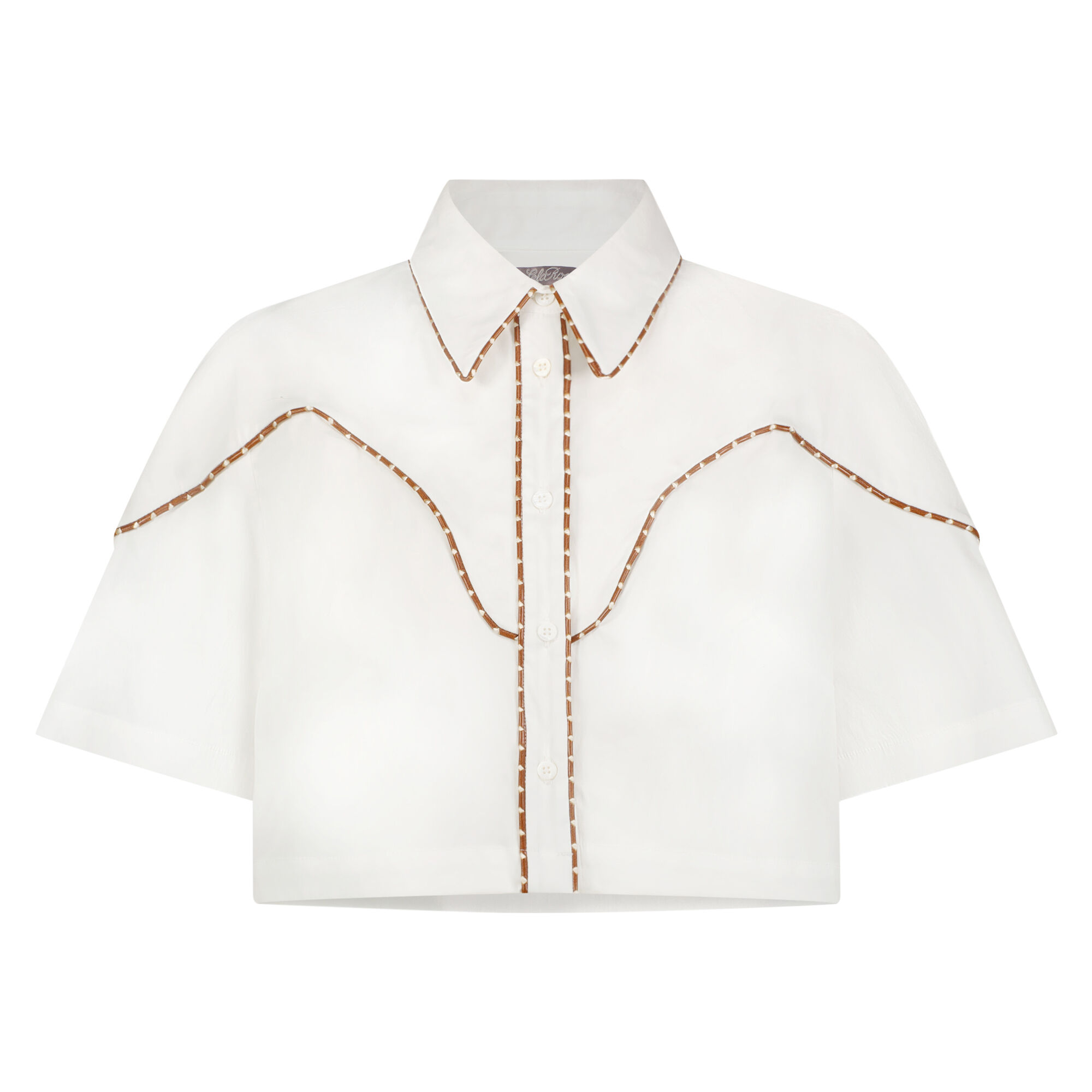 Cotton Poplin Leather Trim Cropped Short Sleeve Shirt