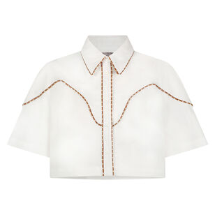 Cotton Poplin Leather Trim Cropped Short Sleeve Shirt