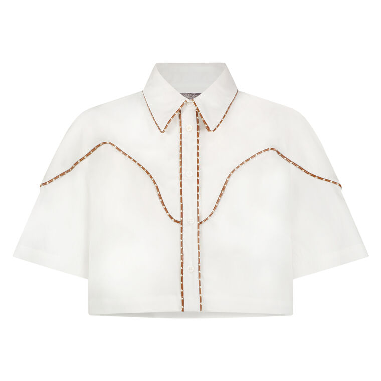 Cotton Poplin Leather Trim Cropped Short Sleeve Shirt image number null