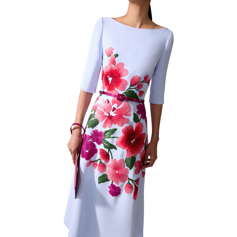 Floral-Embroidered Boat Neck Elbow Sleeve Midi Dress image number null