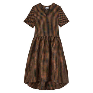 Short Sleeve Crinkled Taffeta Check Print Midi Dress