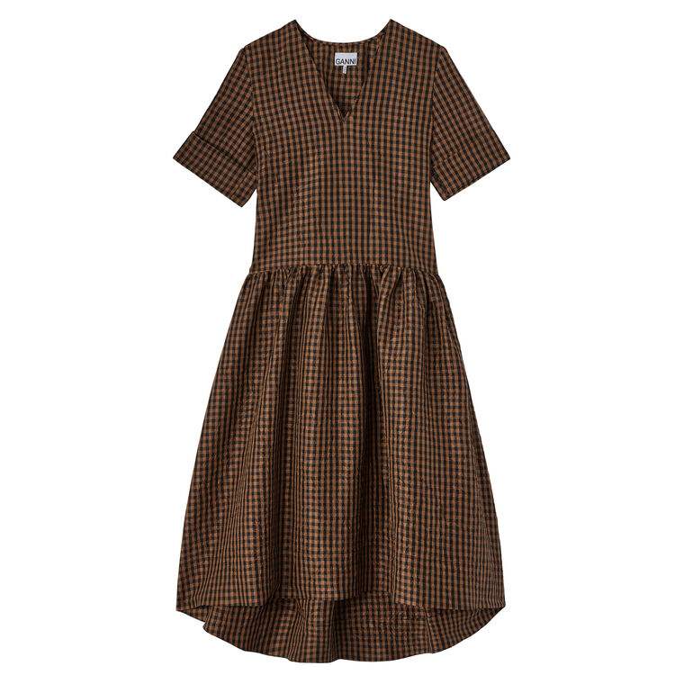 Short Sleeve Crinkled Taffeta Check Print Midi Dress image number null
