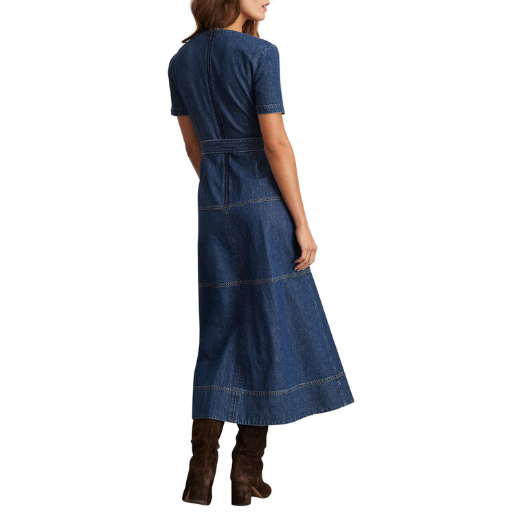 Ella Short Sleeve Belted Denim Midi Dress image number null