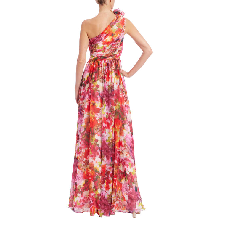 One-Shoulder Floral Print Ruffle Gown image number null