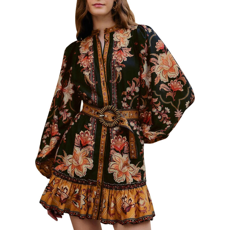 Majestic Garden Beaded Buckle Long Sleeve Mini Dress image number null