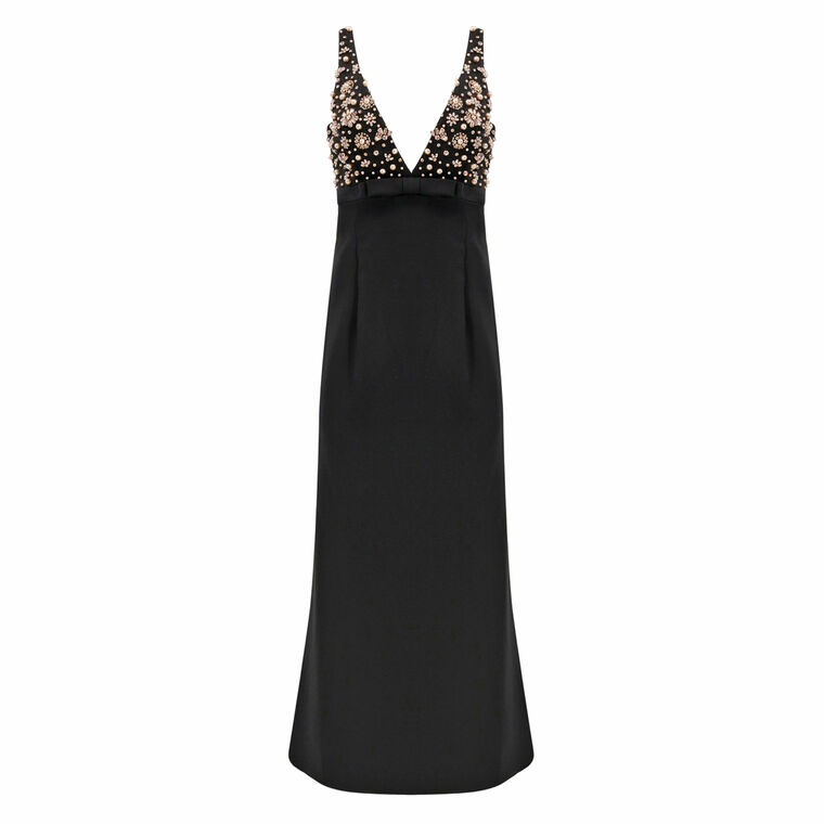 Crepe Sleeveless Beaded V-Neck Gown With Bow image number null