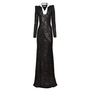 Stretch Sequin Long Sleeve Collared Gown