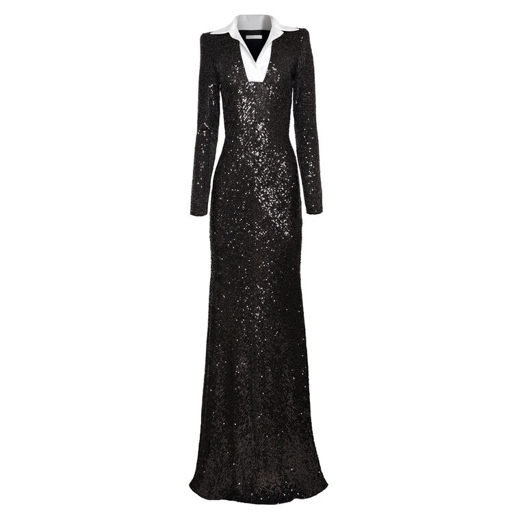 Stretch Sequin Long Sleeve Collared Gown image number null