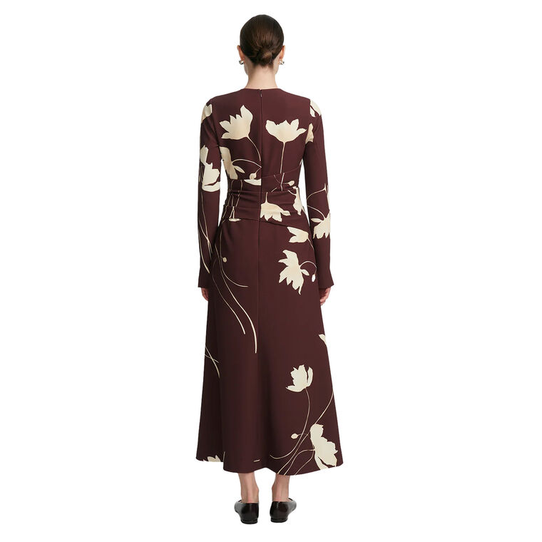 Floral Printed Crepe Long Sleeve Tie Waist Dress image number null