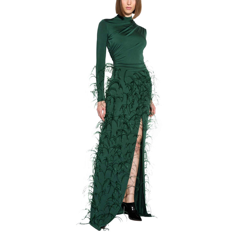 Jersey Draped Gown With Feathers image number null