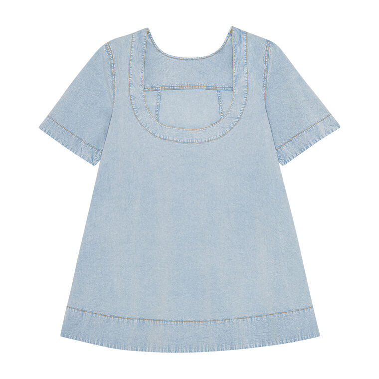 Washed Denim Stretch Cotton Short Sleeve Mini Dress image number null