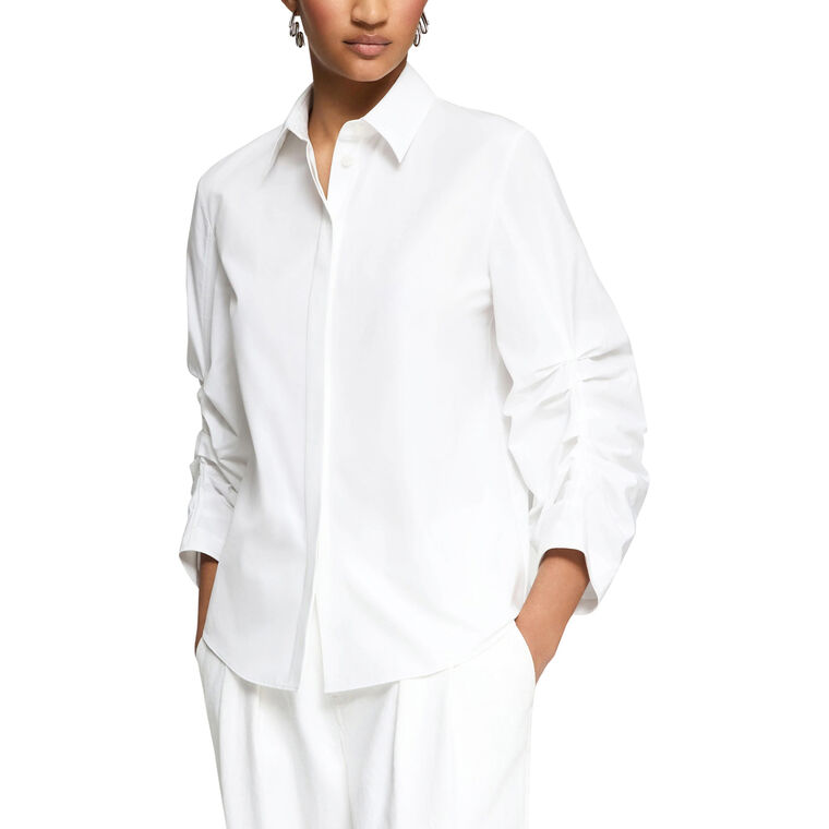 Organic Cotton Poplin Ruched Sleeve Button Front Shirt image number null