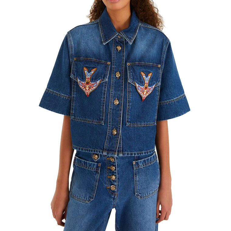Porcelain Birds Embroidered Denim Shirt image number null