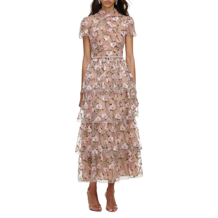 Short Sleeve Belted Sequin Embellished Tiered Midi Dress image number null