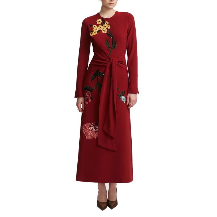 Floral Embroidery Long Sleeve Tie Waist Dress image number null